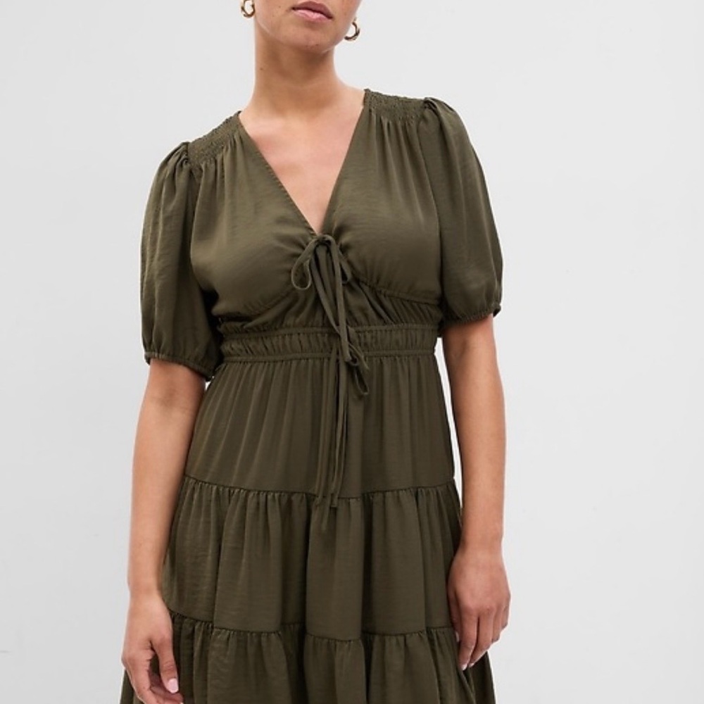 🌿 Gap Tie-Front Tiered Mini Dress Army Green XL Tall